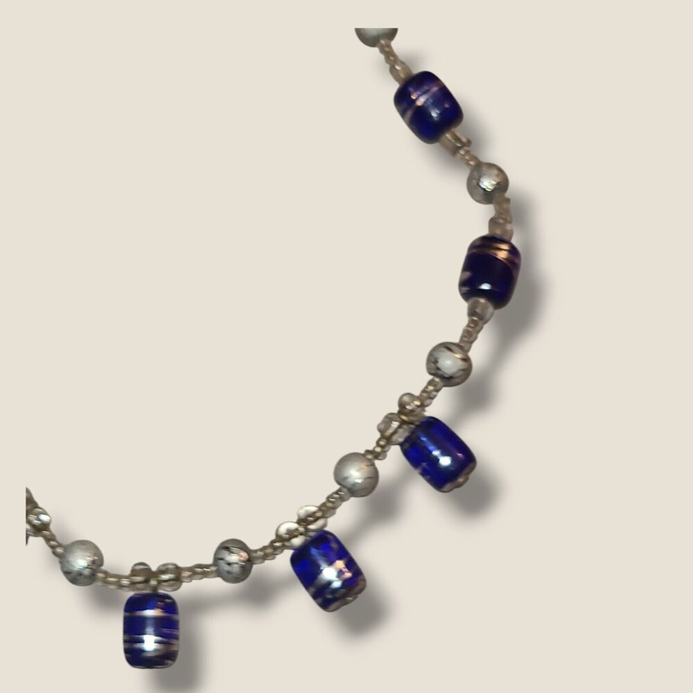 Blue & Silver Art‎ Glass Bead Choker Collar Necklace 15" - Picture 6 of 9